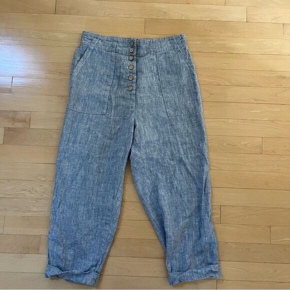 MagicLinen Tapered Leg Button Fly Linen Pants in Blue Melange S NWOT - Picture 3 of 12